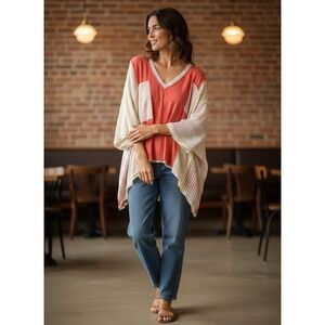 POL Clothing Coral Cream Patchwork Oversized Boho V-Neck Top FKT887 Small